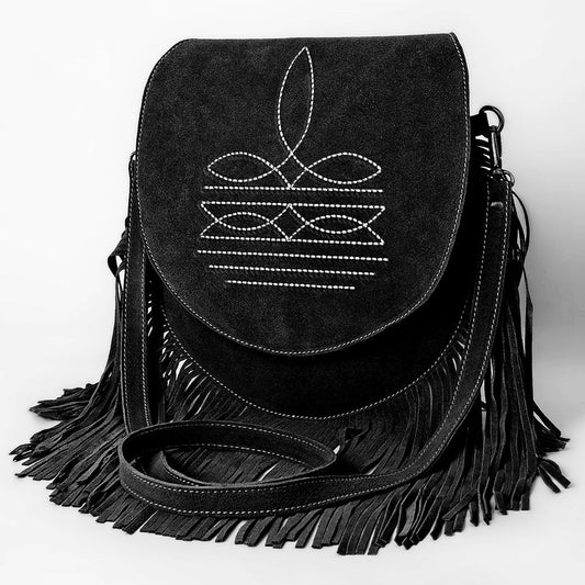Suede Western Fringe Crossbody Bag - White Stitch Design with Flap Closure
