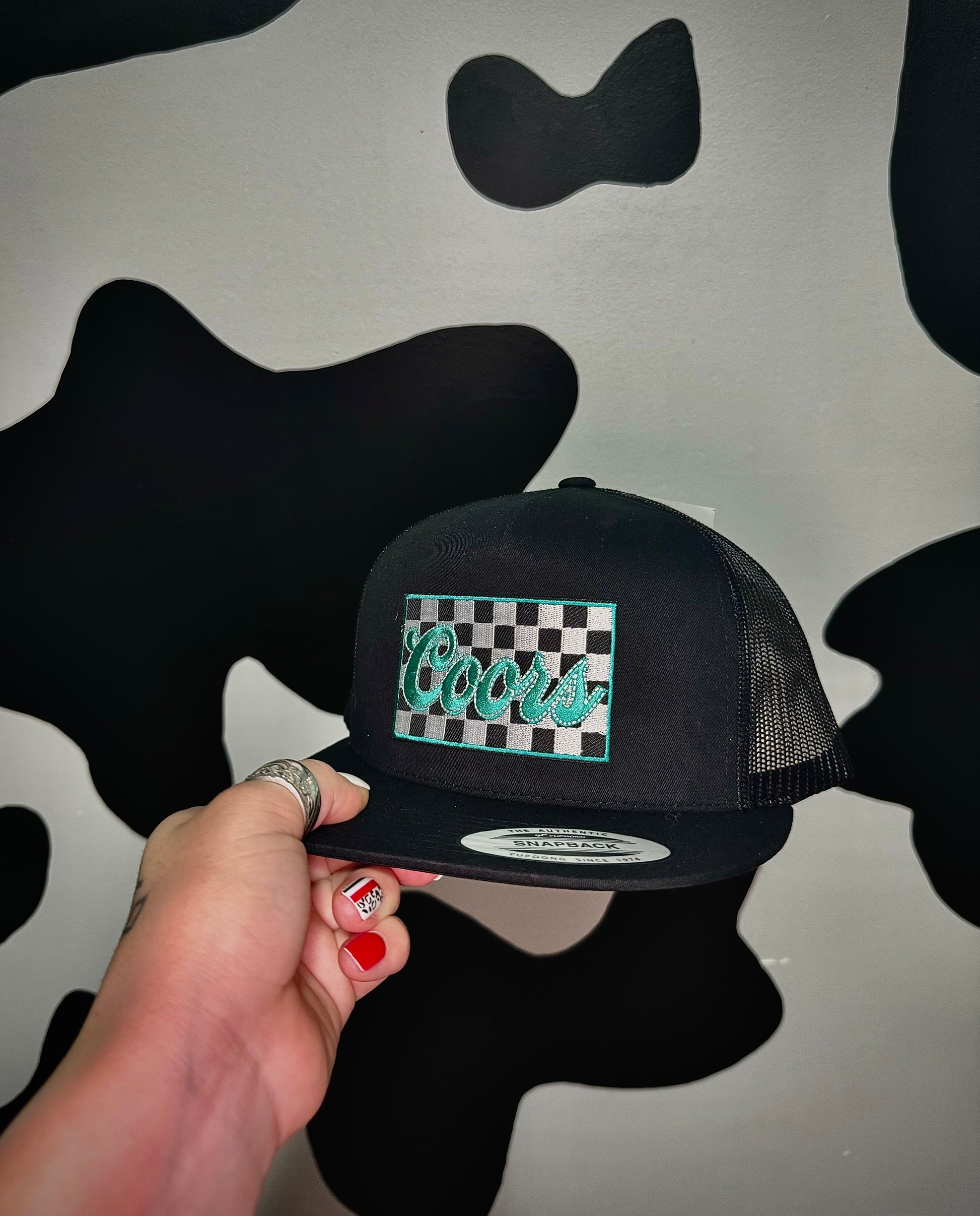 The Branded Roan - Turquoise Black Checkered Patch Black Cap