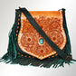 Tan & Green Tooled Leather Crossbody Bag - Floral Design with Turquoise Accent and Fringe