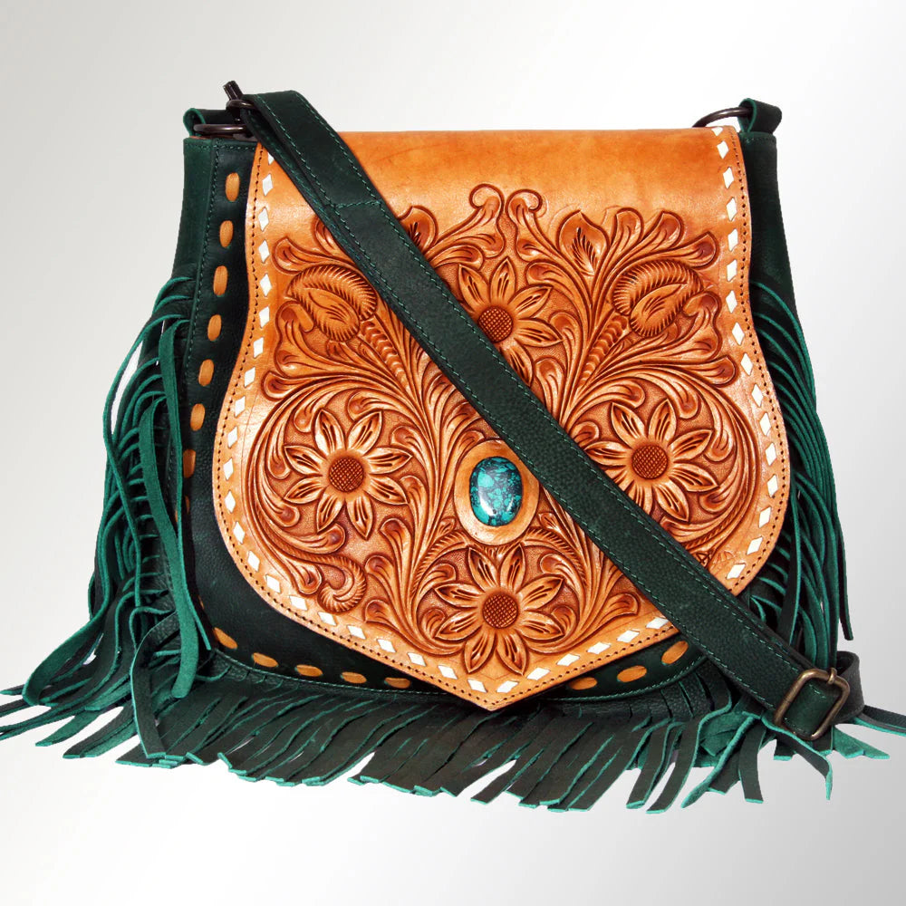 Tan & Green Tooled Leather Crossbody Bag - Floral Design with Turquoise Accent and Fringe