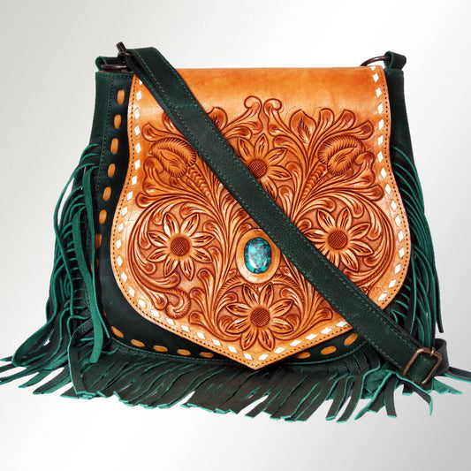 Tan & Green Tooled Leather Crossbody Bag - Floral Design with Turquoise Accent and Fringe