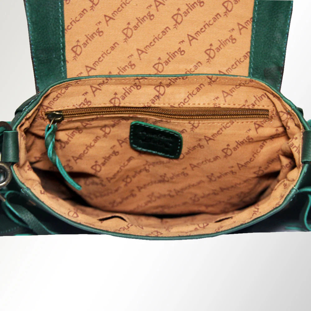 Tan & Green Tooled Leather Crossbody Bag - Floral Design with Turquoise Accent and Fringe