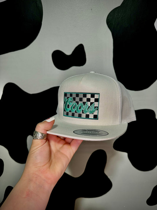 The Branded Roan - Turquoise Coors Checkered Patch White Cap