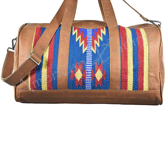 Southwestern Wool and Leather Duffel Bag with Colorful Woven Panels