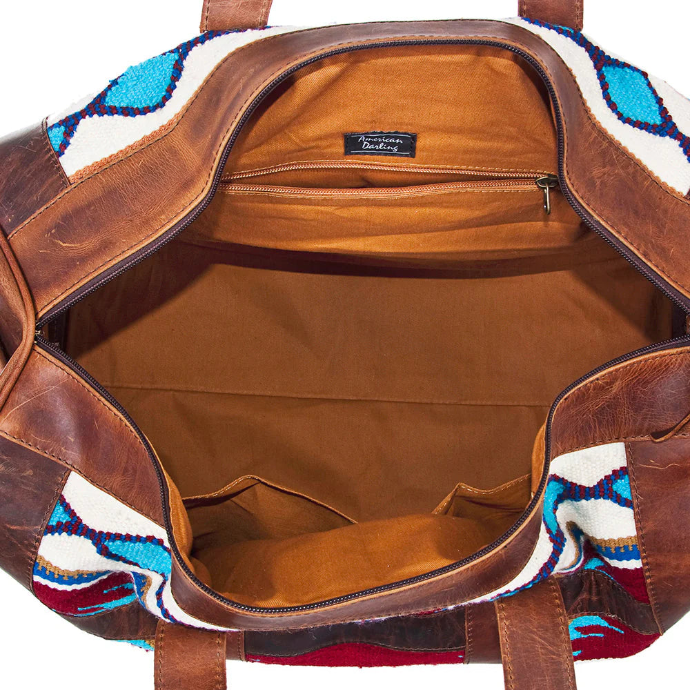 Southwestern Wool and Leather Duffel Bag with Colorful Woven Panels